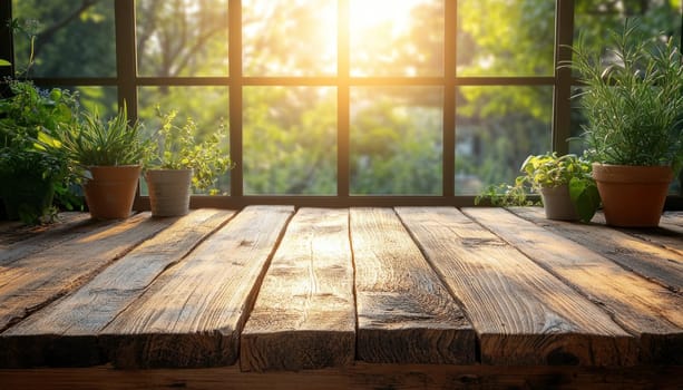 There is a beautiful wooden table positioned right in front of a window, which has potted plants lined up before it
