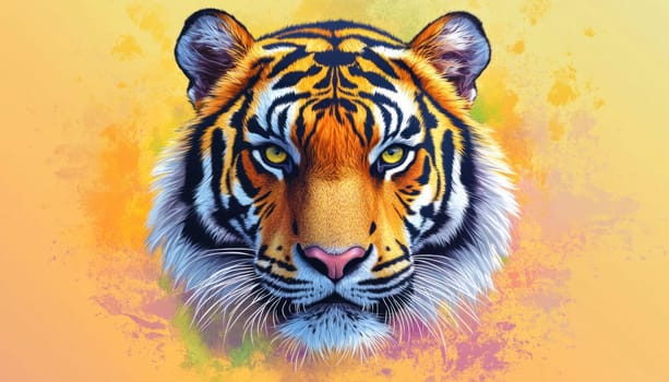 This vibrant and striking painting showcases a majestic tiger head prominently set against a bright yellow background