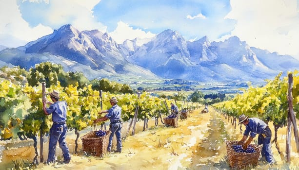 The artwork shows individuals picking grapes in a vibrant vineyard with majestic mountains in the background