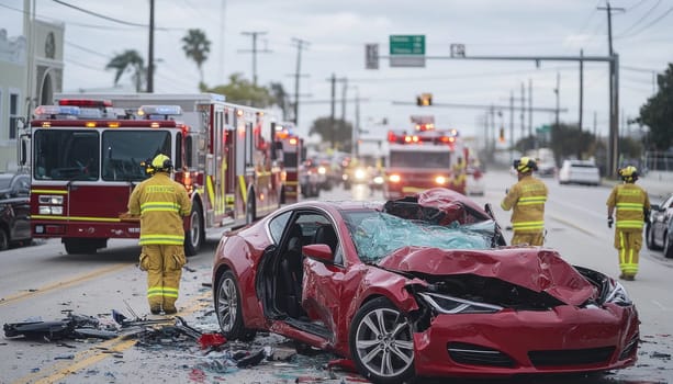 A red car that has a broken windshield is parked on the side of the road, right next to a fire truck