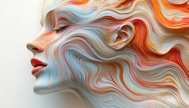 This beautifully designed sculpture of a womans face features colorful, vibrant waves across its surface