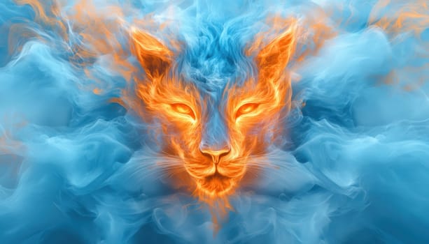 A majestic lions head is dramatically surrounded by swirling smoke and intense flames of vibrant fire