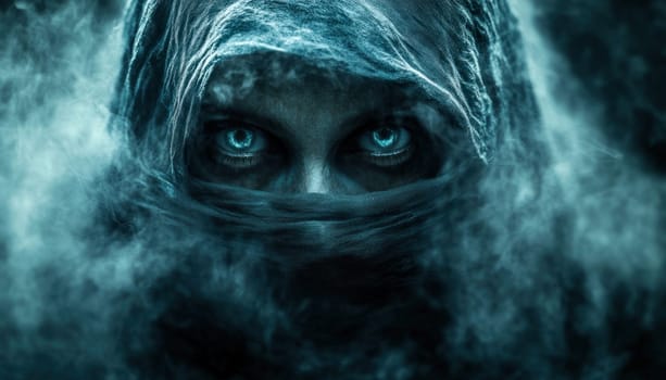 A closeup shot of a persons face featuring striking blue eyes that are partially obscured by swirling smoke
