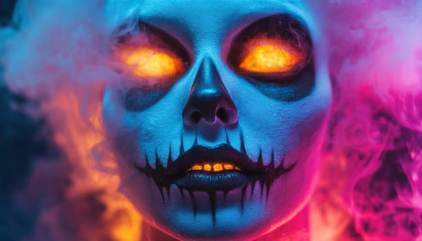 This is a detailed close up of a womans face that features a skull painted on it and is surrounded by smoke