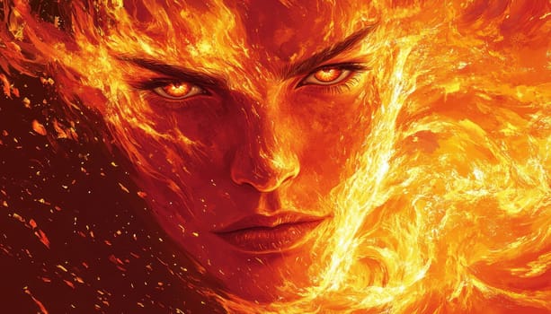 This is a captivating painting that features a mans face intricately surrounded by vivid, swirling flames