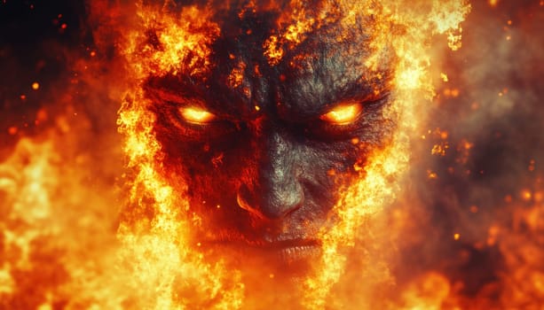 A terrifying demons face is dramatically surrounded by flickering flames and ominous smoke billowing around it