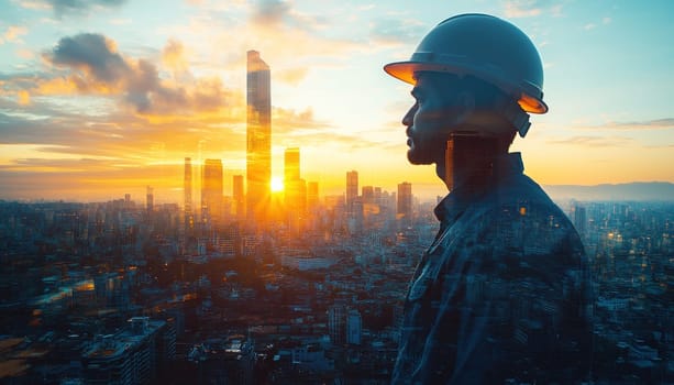 A construction worker stands gazing at the beautiful city skyline as the sun sets in the horizon, enjoying the view