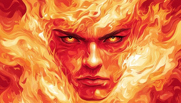 This is a captivating painting that features a mans face intricately surrounded by vivid, swirling flames