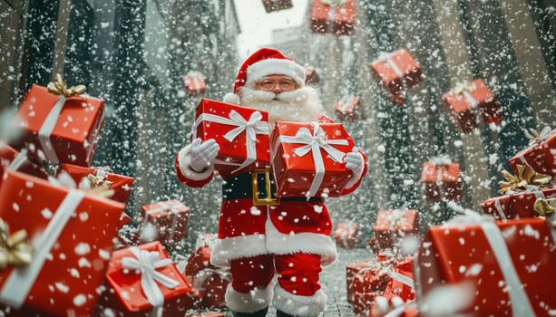 Santa Claus is joyfully standing right in front of a huge pile of colorful Christmas presents and gifts