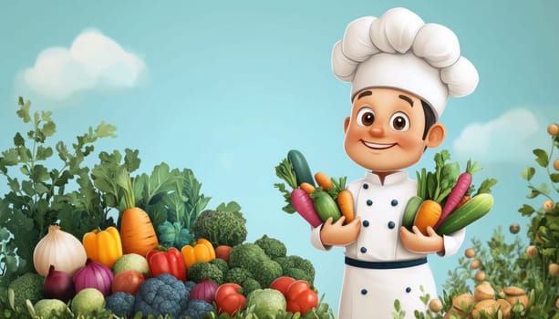 A cheerful cartoon chef joyfully holds a colorful bunch of fresh vegetables in his hands, showcasing food creativity