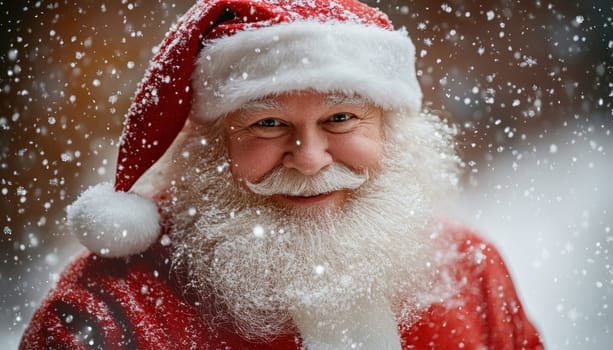 Santa Claus is joyfully smiling in the fresh, soft snow while wearing his iconic Santa hat and fluffy beard