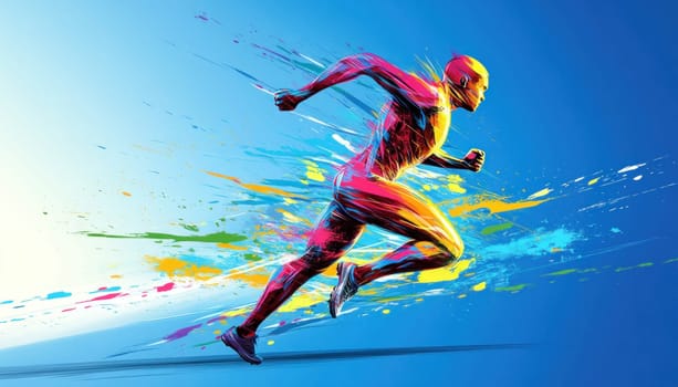 A vibrant and colorful painting depicts a man energetically running against a beautiful blue background