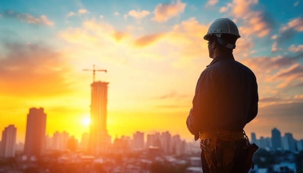 A construction worker stands observing the beautiful city skyline as the sun sets, enhancing the view