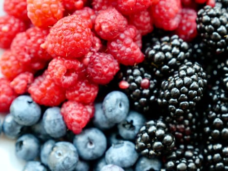 Colorful mix seasonal summer berries raspberries, blueberries, blackberries close-up, background. Healthy foods with antioxidants