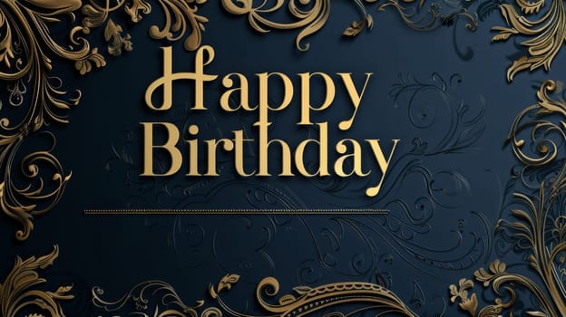 A sophisticated birthday card featuring elegant gold lettering against a dark backdrop, adorned with intricate floral patterns.
