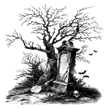 A graveyard scene with a tombstone and a tree. There are bats flying around the scene