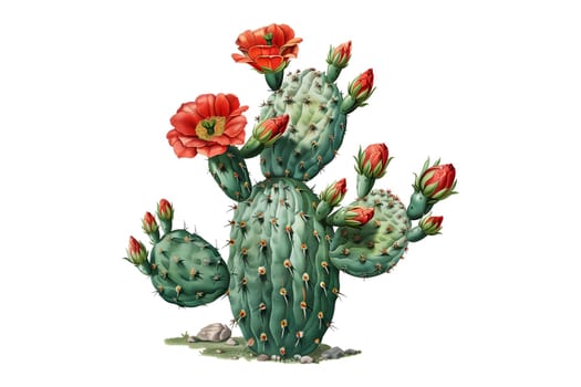Vintage watercolor illustration of a large cactus with red flowers on it
