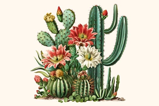 Vintage watercolor illustration of a large cactus with red flowers on it