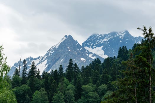 A drone flies over a mountain valley in the Caucasus Mountains. The valley is filled with green trees and a winding river. In the distance, a snow-capped peak rises above the valley.