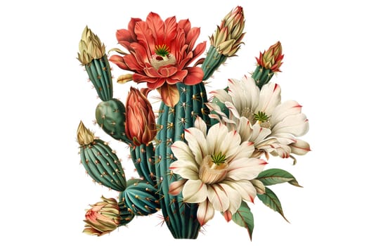 Vintage watercolor illustration of a large cactus with red flowers on it