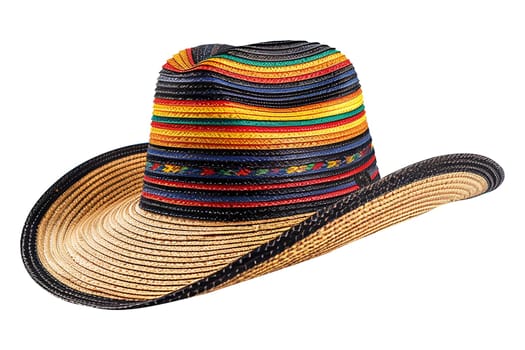 A colorful hat with a black band and a yellow band. The hat is made of straw and has a wide brim