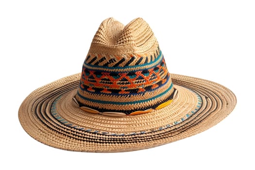 A colorful hat with a black band and a yellow band. The hat is made of straw and has a wide brim