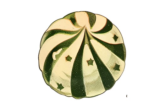 A candy with a swirl design on it. The candy is red and white. The swirl design is made up of lines and dots