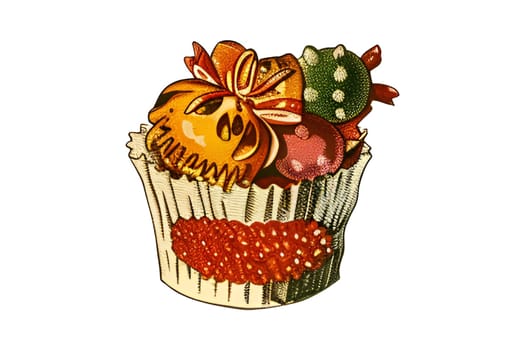 A cupcake with a red bow and a skull on top. The cupcake is decorated with a red bow and a skull, which gives it a spooky and festive look