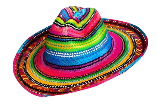 A colorful hat with a wide brim and a colorful band. The hat is made of straw and has a vibrant, tropical feel