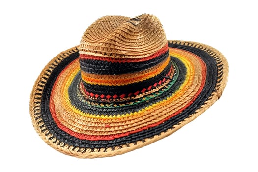 A colorful hat with a black band and a yellow band. The hat is made of straw and has a wide brim