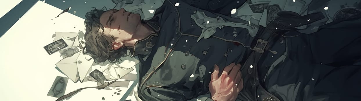 Illustration of a man in uniform lying on the ground surrounded by scattered letters and photographs, evoking a sense of reflection and nostalgia.