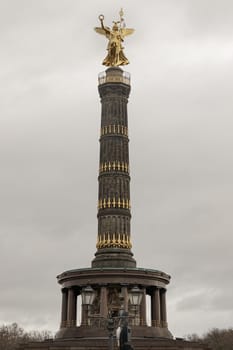 Berlin, Germany - Dec 20, 2023 - The victory column with Goddess Victoria to Celebrate Prussia's victory in the Franco-German War in the Tiergarten, One of the most important sights of Berlin and one of the most important national monuments of Germany, Space for text, Selective focus.