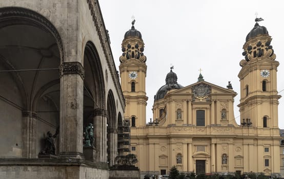 Munich, Germany - Dec 21, 2023 - View of The Theatine Church of St. Cajetan and Adelaide (Theatinerkirche St. Kajetan und Adelheid) a Catholic church on Odeonsplatz in Munich. Space for text, Selective focus.