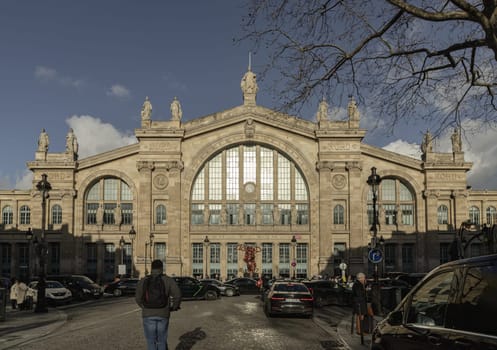 France, Paris - Jan 05, 2024 - Exterior architecture of Gare du Nord (Paris train station). one of six railroad stations in Paris, France. Busiest railway station in Europe, Copy space, Selective focus.