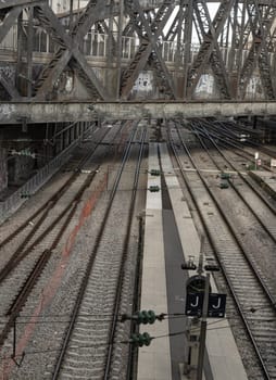 France, Paris - Jan 05, 2024 - Rue de l'Aqueduc Bridge (Viaduc de la rue de l'Aqueduc) built above the railways of gare de l'Est, Pont de Lafayette, Copy space, Selective focus.