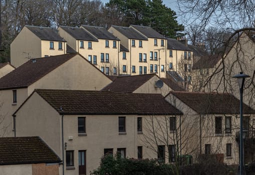Edinburgh, Scotland - Jan 16, 2024 - Picturesque view of Flats or Apartment buildings in the Damside area of Dean Village. Tenement houses, Copy space, Selective focus.