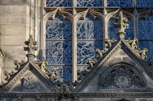 Edinburgh, Scotland - Jan 18, 2024 - Architectural exterior detail of St Giles' Cathedral or the High Kirk of Edinburgh in gothic style. Copy space, Selective focus.