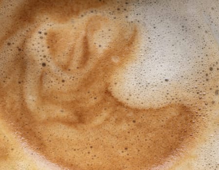 Top view of Cappuccino milk foam closeup. Very creamy coffee foam with bubbles, Coffee Time in the Morning, Top view, Copy space, Selective focus.