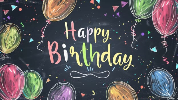 Brightly colored balloons and confetti surround a cheerful birthday greeting on a chalkboard background.
