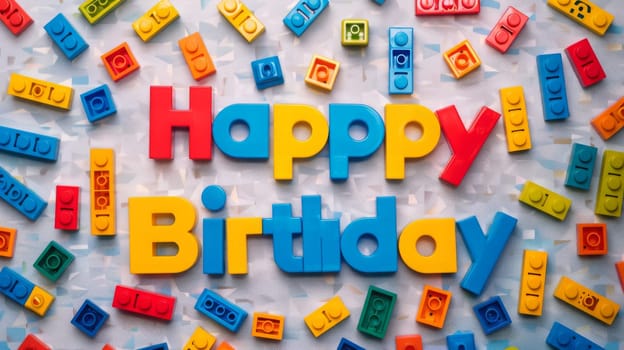 Colorful building blocks spell out Happy Birthday against a light background, creating a festive atmosphere for a birthday celebration.
