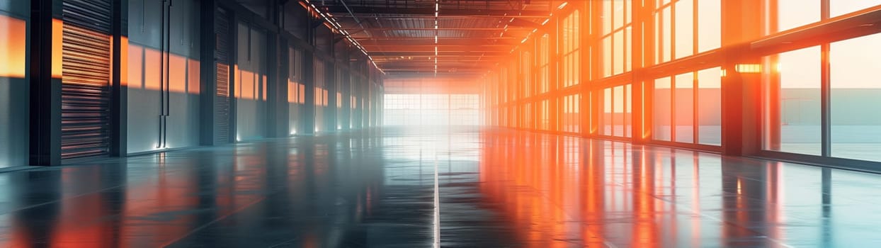 Wide-angle view of an empty warehouse interior with large windows and sunset lighting casting warm hues and reflections on the polished floor, highlighting the vast, open space.