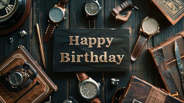 A collection of luxury watches surrounds a card wishing a happy birthday, arranged on a rustic wooden surface for a special celebration.