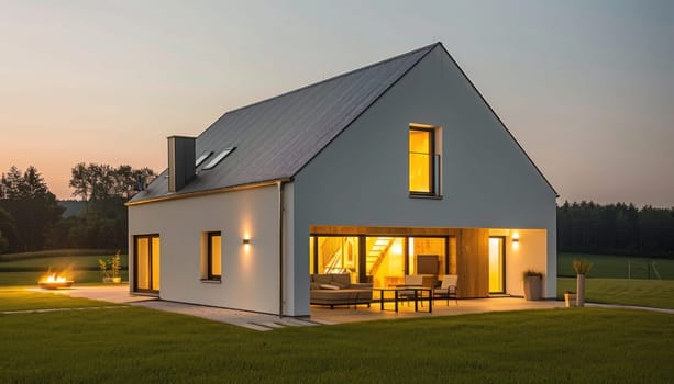 A beautiful white house with numerous windows is fully lit up in the serene night sky, creating a stunning view