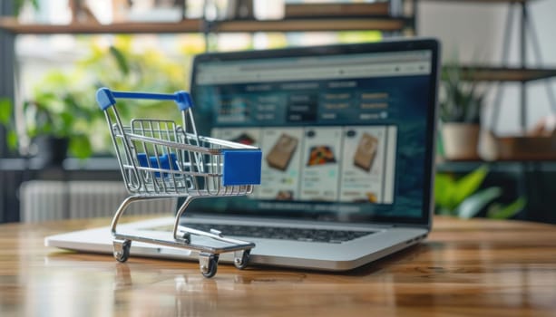 A shopping cart is positioned right next to a laptop situated on a wooden table that is nearby to them