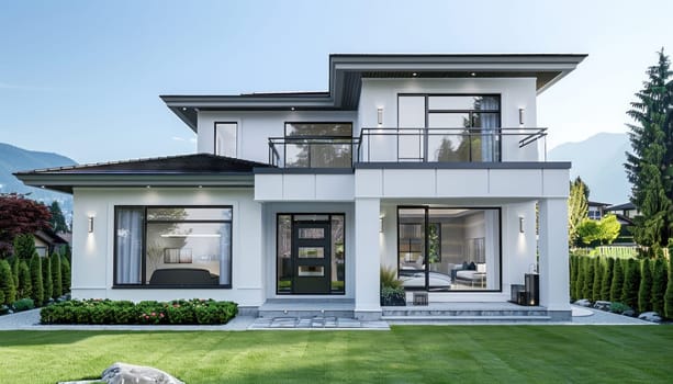 A large, beautiful white house featuring numerous windows is gracefully sitting on top of a lush green lawn