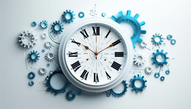 A classic clock elegantly surrounded by intricate gears displayed on a clean, white background, creating contrast