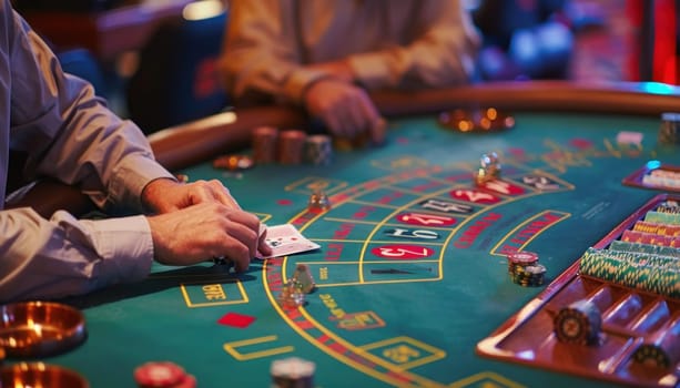A man is currently enjoying a game of roulette while sitting at a vibrant casino table, filled with excitement