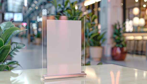 A sign is currently placed on a table inside a restaurant, capturing the attention of diners around it