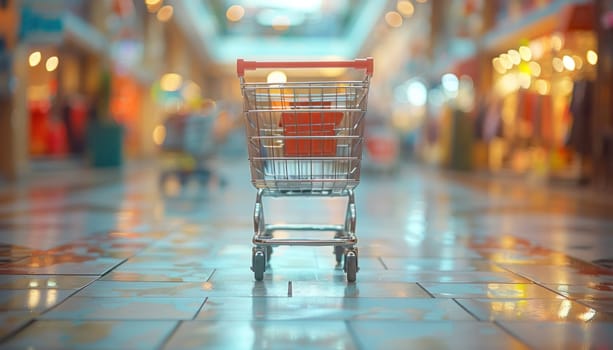 A shopping cart is abandoned and sitting on the sidewalk in a bustling mall, waiting to be used again