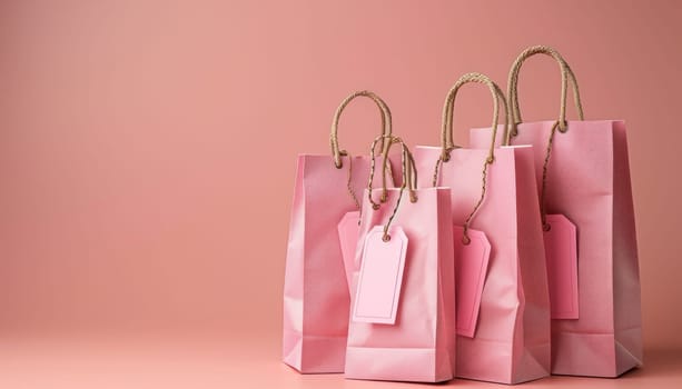 A delightful row of pink shopping bags adorned with cute pink tags displayed prominently on a stylish pink table